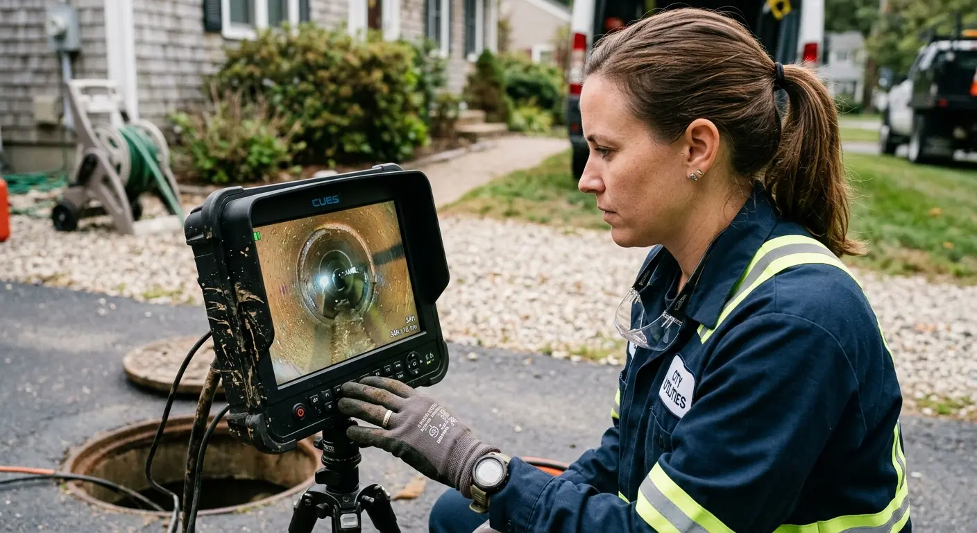 Technician reviewing sewer camera inspection footage in Hightstown