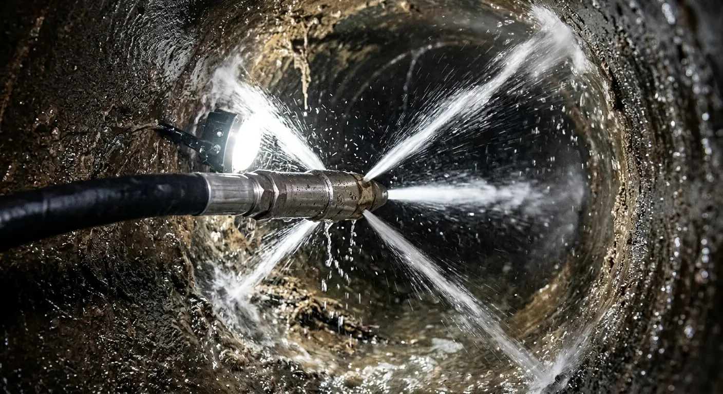 High-pressure hydro jetting nozzle cleaning sewer pipe for Trenchless Sewer Repair in Hightstown