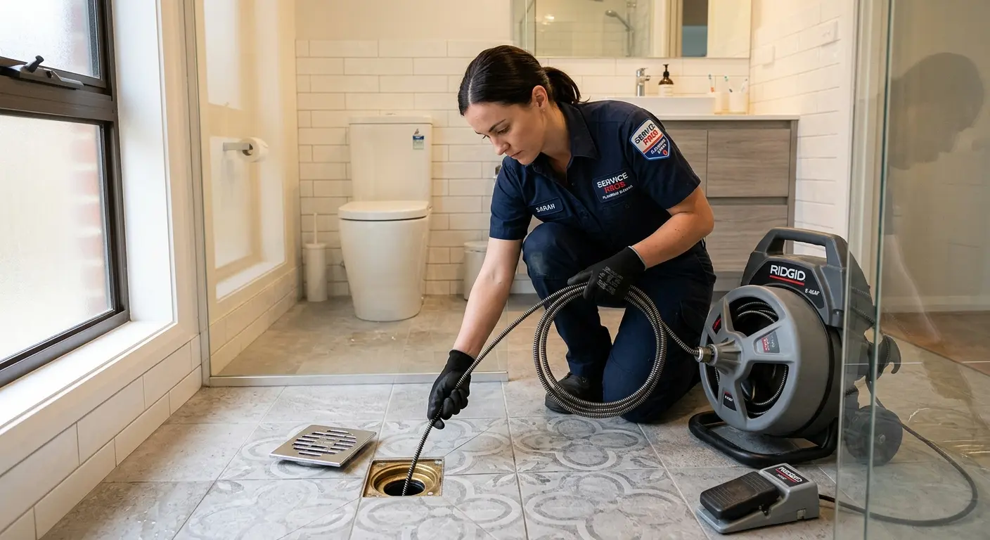 Technician clearing a bathroom floor drain for Drain Cleaning in Hightstown